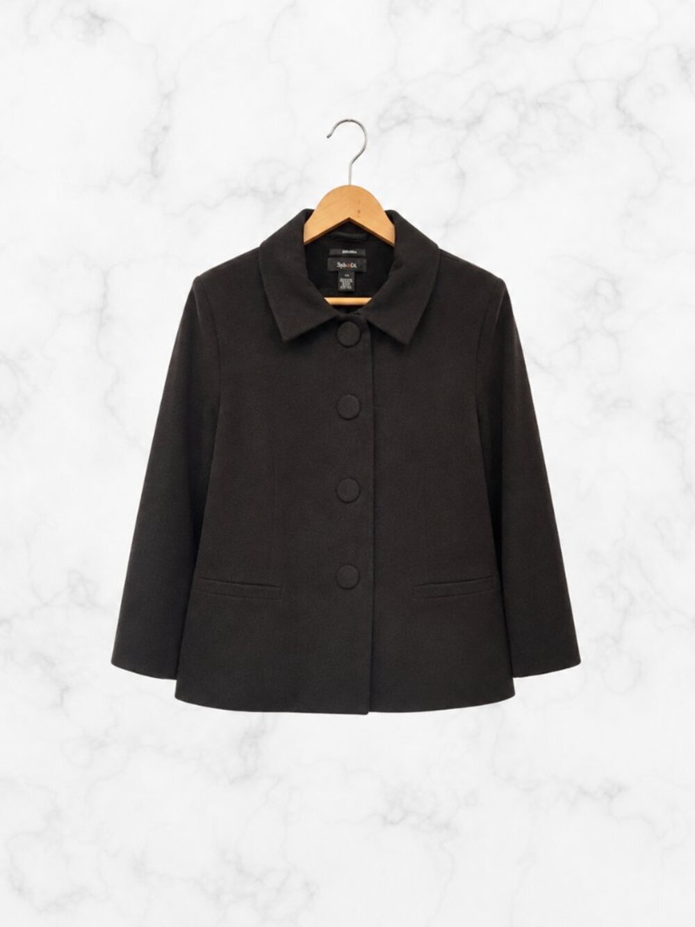 STYLE & CO Stretch Single-Breasted Black Car Coat Jacket Size 16